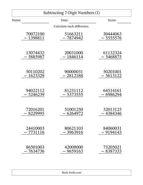 The Subtracting 7-Digit Numbers with All Regrouping (I) Math Worksheet