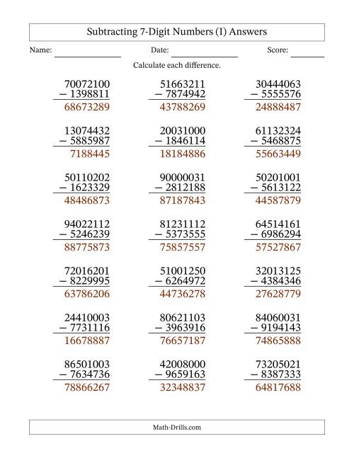 The Subtracting 7-Digit Numbers With All Regrouping (21 Questions) (I) Math Worksheet Page 2