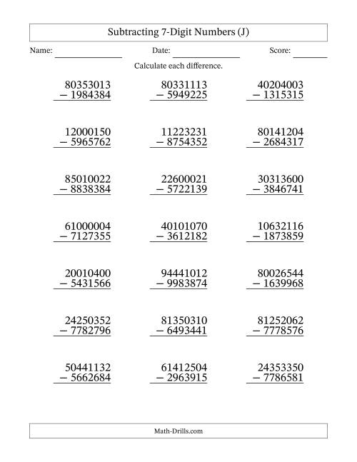 The Subtracting 7-Digit Numbers With All Regrouping (21 Questions) (J) Math Worksheet