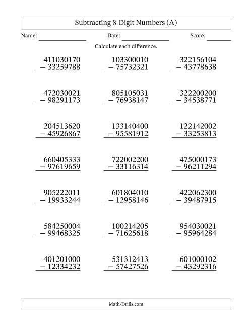 The Subtracting 8-Digit Numbers with All Regrouping (A) Math Worksheet