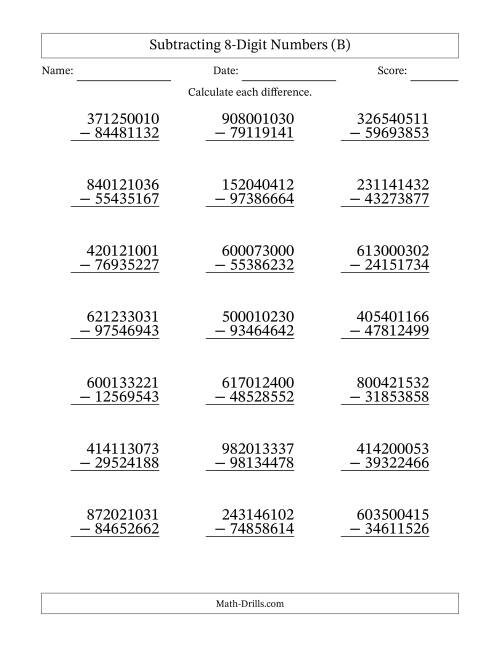 The Subtracting 8-Digit Numbers With All Regrouping (21 Questions) (B) Math Worksheet