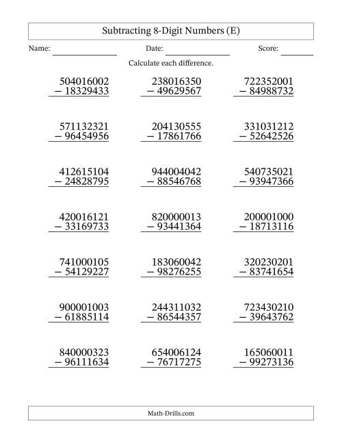 The Subtracting 8-Digit Numbers With All Regrouping (21 Questions) (E) Math Worksheet