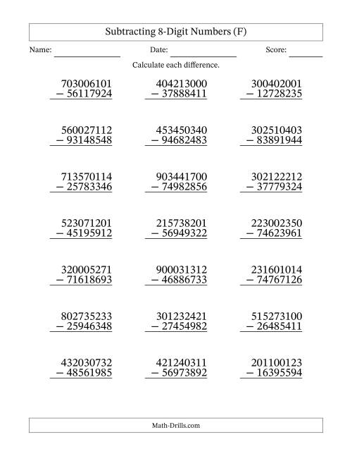 The Subtracting 8-Digit Numbers With All Regrouping (21 Questions) (F) Math Worksheet