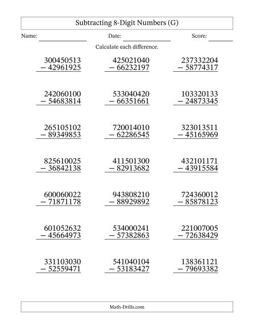 The Subtracting 8-Digit Numbers With All Regrouping (21 Questions) (G) Math Worksheet