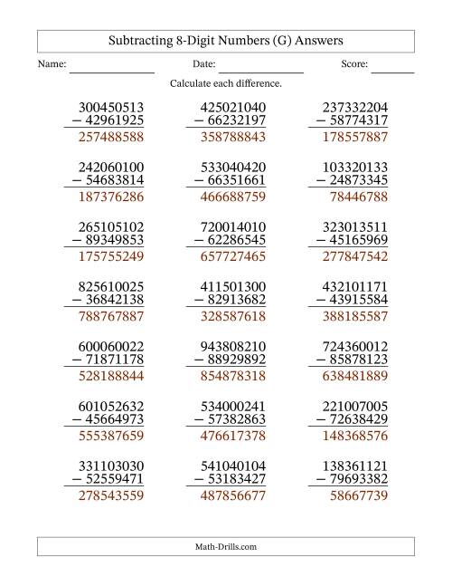 The Subtracting 8-Digit Numbers With All Regrouping (21 Questions) (G) Math Worksheet Page 2