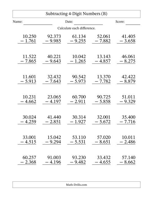 The Subtracting 4-Digit Numbers With All Regrouping (35 Questions) (Period Separated Thousands) (B) Math Worksheet