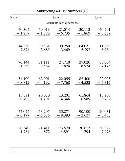 The Subtracting 4-Digit Numbers With All Regrouping (35 Questions) (Period Separated Thousands) (C) Math Worksheet