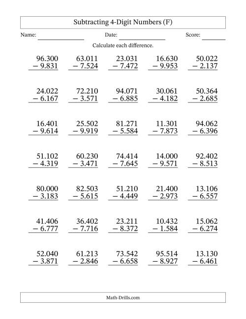 The Subtracting 4-Digit Numbers With All Regrouping (35 Questions) (Period Separated Thousands) (F) Math Worksheet