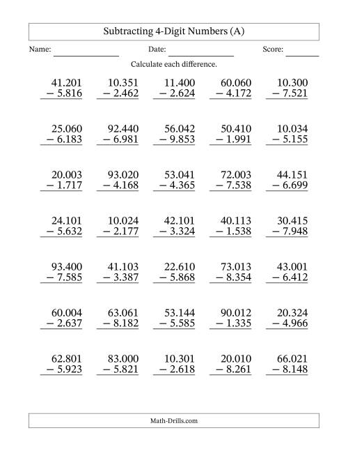 The Subtracting 4-Digit Numbers With All Regrouping (35 Questions) (Period Separated Thousands) (All) Math Worksheet