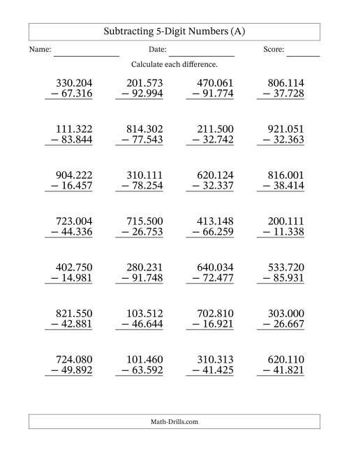 The Subtracting 5-Digit Numbers with All Regrouping with Period-Separated Thousands (A) Math Worksheet