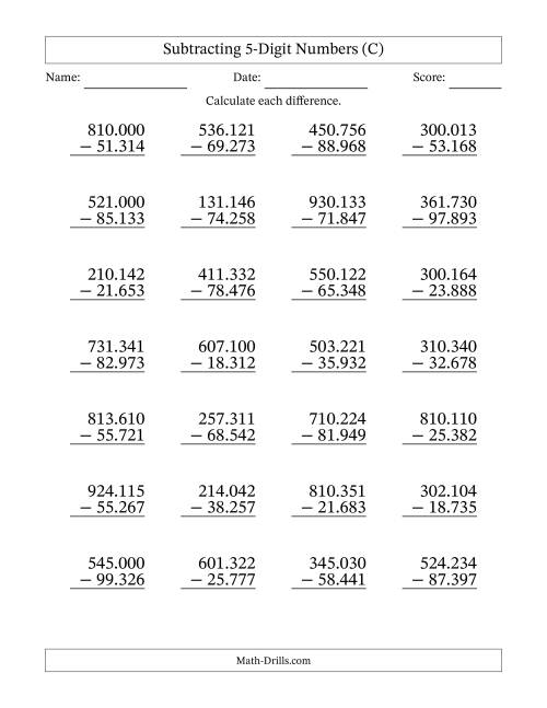 The Subtracting 5-Digit Numbers With All Regrouping (28 Questions) (Period Separated Thousands) (C) Math Worksheet