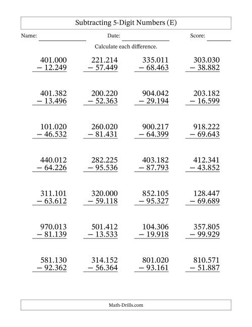 The Subtracting 5-Digit Numbers With All Regrouping (28 Questions) (Period Separated Thousands) (E) Math Worksheet