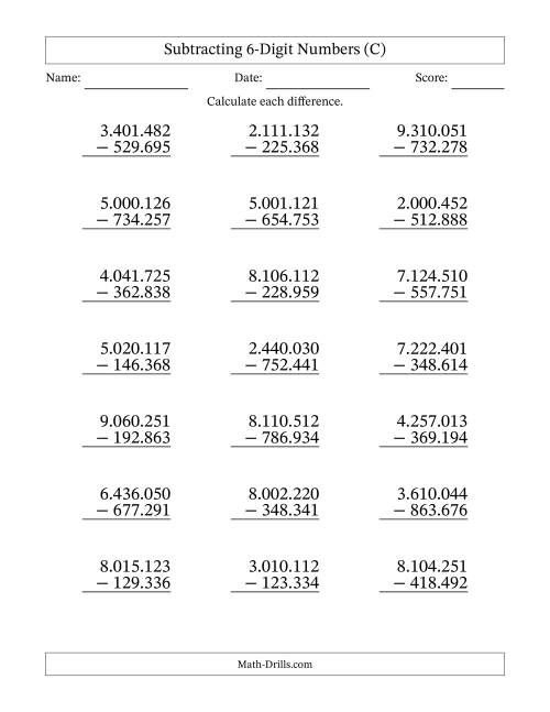 The Subtracting 6-Digit Numbers With All Regrouping (21 Questions) (Period Separated Thousands) (C) Math Worksheet