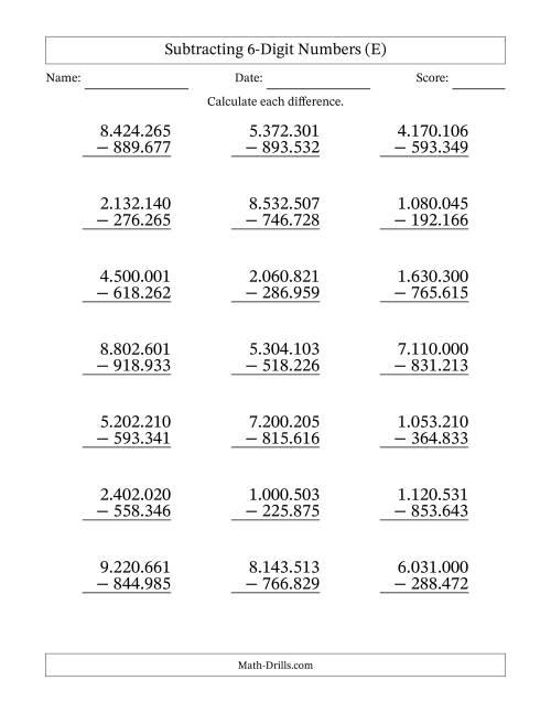 The Subtracting 6-Digit Numbers With All Regrouping (21 Questions) (Period Separated Thousands) (E) Math Worksheet