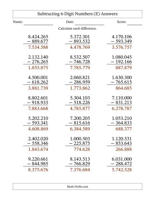 The Subtracting 6-Digit Numbers With All Regrouping (21 Questions) (Period Separated Thousands) (E) Math Worksheet Page 2
