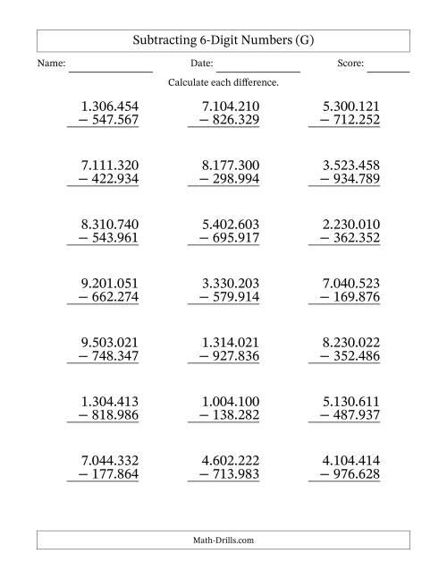 The Subtracting 6-Digit Numbers With All Regrouping (21 Questions) (Period Separated Thousands) (G) Math Worksheet