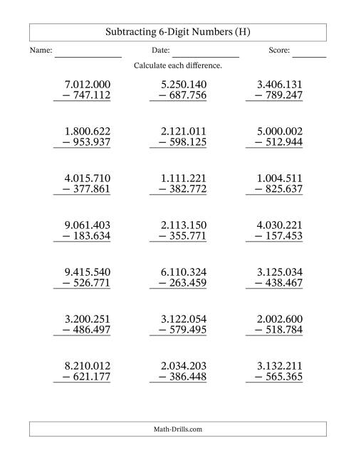 The Subtracting 6-Digit Numbers With All Regrouping (21 Questions) (Period Separated Thousands) (H) Math Worksheet