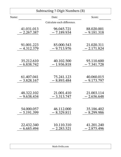 The Subtracting 7-Digit Numbers with All Regrouping with Period-Separated Thousands (B) Math Worksheet