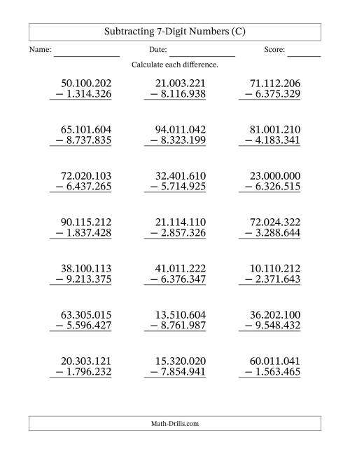 The Subtracting 7-Digit Numbers With All Regrouping (21 Questions) (Period Separated Thousands) (C) Math Worksheet