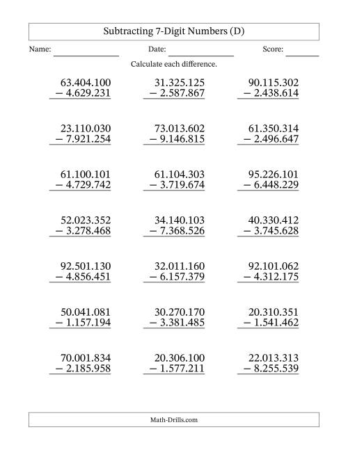 The Subtracting 7-Digit Numbers with All Regrouping with Period-Separated Thousands (D) Math Worksheet