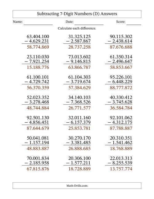 The Subtracting 7-Digit Numbers with All Regrouping with Period-Separated Thousands (D) Math Worksheet Page 2
