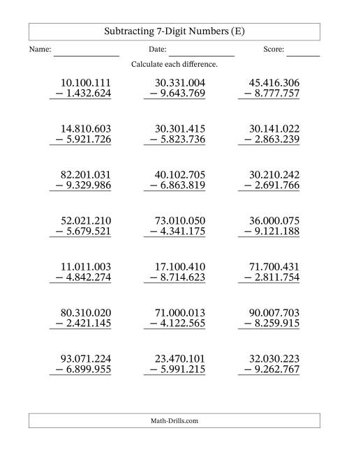 The Subtracting 7-Digit Numbers with All Regrouping with Period-Separated Thousands (E) Math Worksheet