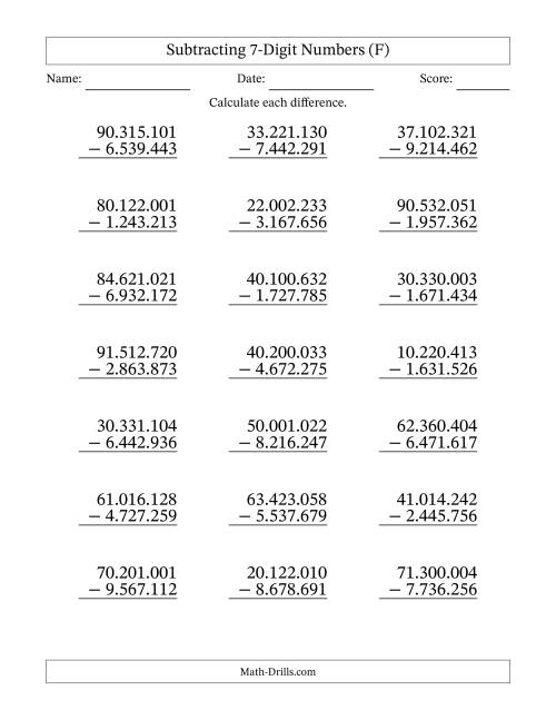 The Subtracting 7-Digit Numbers with All Regrouping with Period-Separated Thousands (F) Math Worksheet