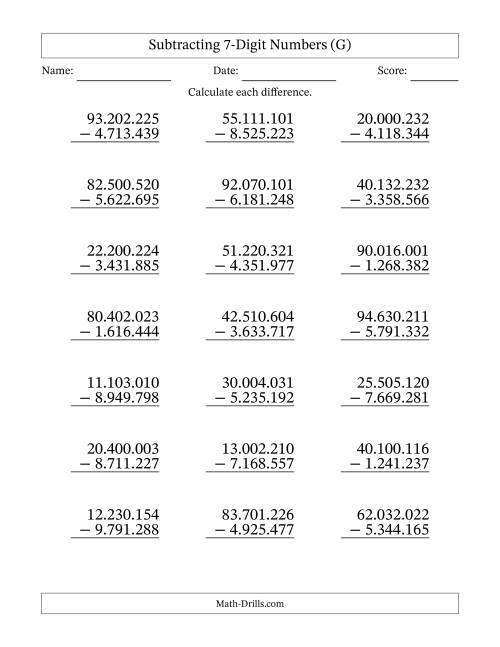 The Subtracting 7-Digit Numbers with All Regrouping with Period-Separated Thousands (G) Math Worksheet