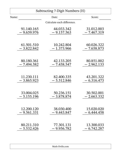 The Subtracting 7-Digit Numbers with All Regrouping with Period-Separated Thousands (H) Math Worksheet