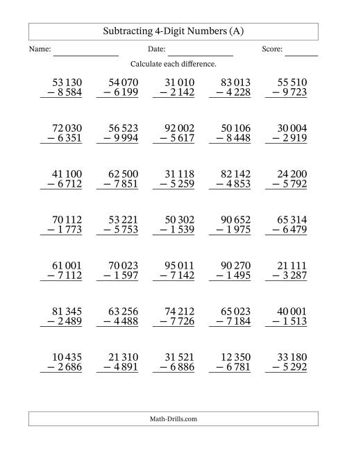 The Subtracting 4-Digit Numbers with All Regrouping with Space-Separated Thousands (A) Math Worksheet