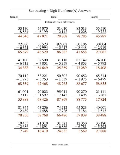 The Subtracting 4-Digit Numbers with All Regrouping with Space-Separated Thousands (A) Math Worksheet Page 2