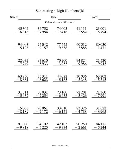 The Subtracting 4-Digit Numbers with All Regrouping with Space-Separated Thousands (B) Math Worksheet