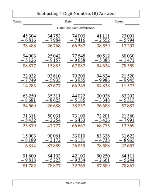 The Subtracting 4-Digit Numbers with All Regrouping with Space-Separated Thousands (B) Math Worksheet Page 2