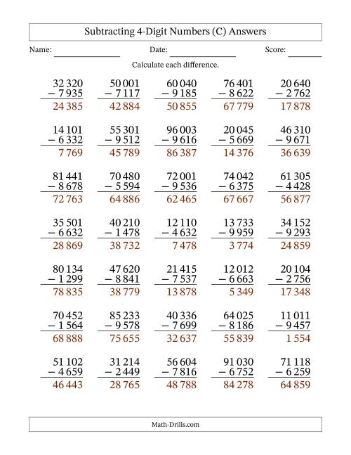 The Subtracting 4-Digit Numbers with All Regrouping with Space-Separated Thousands (C) Math Worksheet Page 2