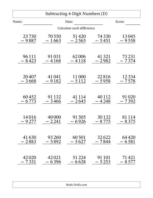 The Subtracting 4-Digit Numbers with All Regrouping with Space-Separated Thousands (D) Math Worksheet