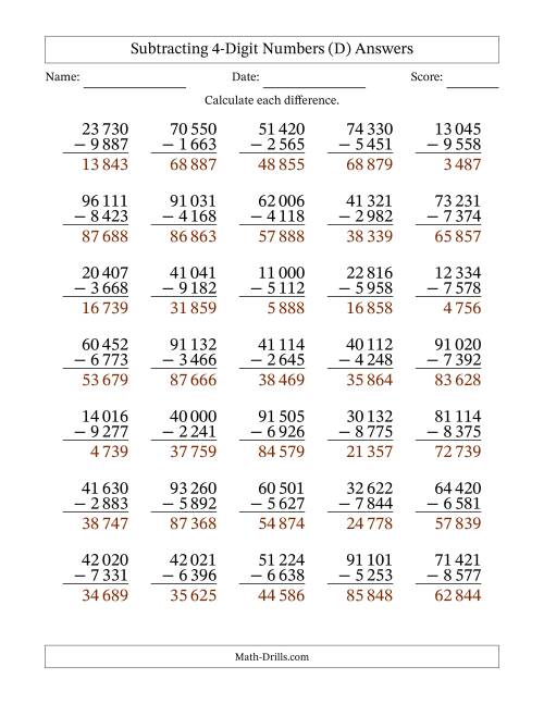 The Subtracting 4-Digit Numbers With All Regrouping (35 Questions) (Space Separated Thousands) (D) Math Worksheet Page 2