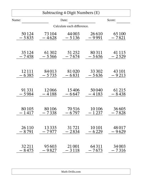 The Subtracting 4-Digit Numbers with All Regrouping with Space-Separated Thousands (E) Math Worksheet