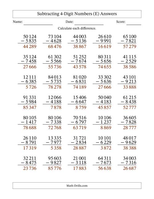 The Subtracting 4-Digit Numbers with All Regrouping with Space-Separated Thousands (E) Math Worksheet Page 2