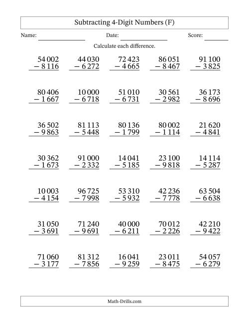 The Subtracting 4-Digit Numbers with All Regrouping with Space-Separated Thousands (F) Math Worksheet