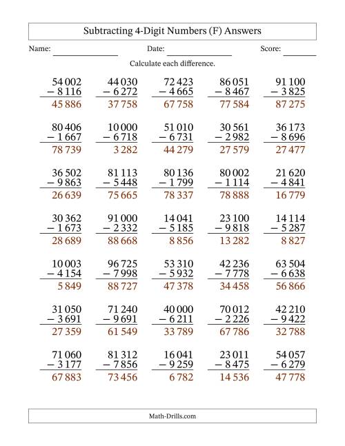 The Subtracting 4-Digit Numbers with All Regrouping with Space-Separated Thousands (F) Math Worksheet Page 2