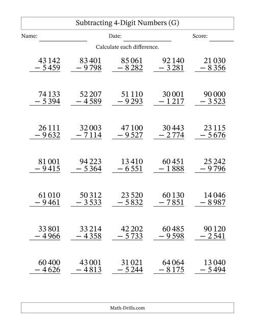 The Subtracting 4-Digit Numbers with All Regrouping with Space-Separated Thousands (G) Math Worksheet
