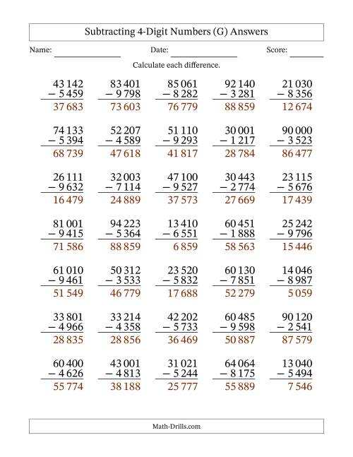 The Subtracting 4-Digit Numbers With All Regrouping (35 Questions) (Space Separated Thousands) (G) Math Worksheet Page 2