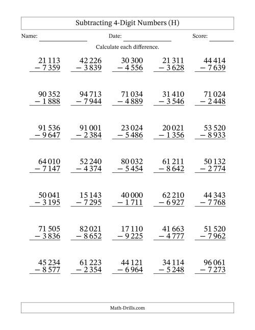 The Subtracting 4-Digit Numbers with All Regrouping with Space-Separated Thousands (H) Math Worksheet