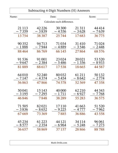 The Subtracting 4-Digit Numbers With All Regrouping (35 Questions) (Space Separated Thousands) (H) Math Worksheet Page 2