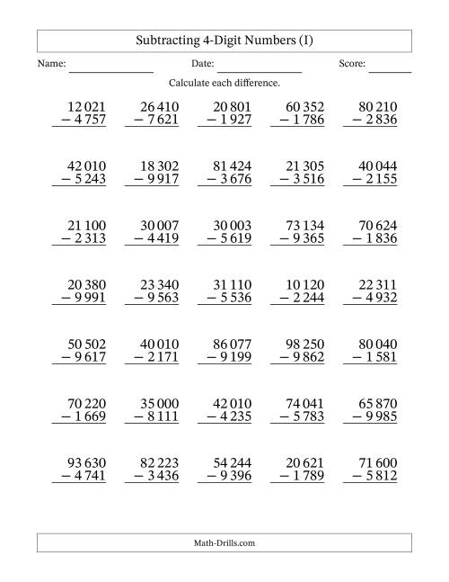 The Subtracting 4-Digit Numbers With All Regrouping (35 Questions) (Space Separated Thousands) (I) Math Worksheet