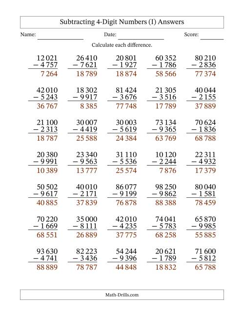 The Subtracting 4-Digit Numbers With All Regrouping (35 Questions) (Space Separated Thousands) (I) Math Worksheet Page 2