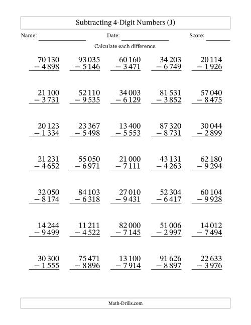 The Subtracting 4-Digit Numbers with All Regrouping with Space-Separated Thousands (J) Math Worksheet