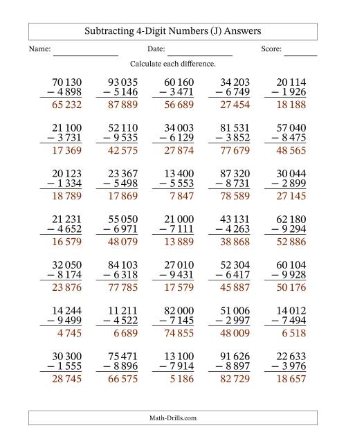 The Subtracting 4-Digit Numbers with All Regrouping with Space-Separated Thousands (J) Math Worksheet Page 2