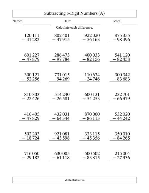 The Subtracting 5-Digit Numbers with All Regrouping with Space-Separated Thousands (A) Math Worksheet