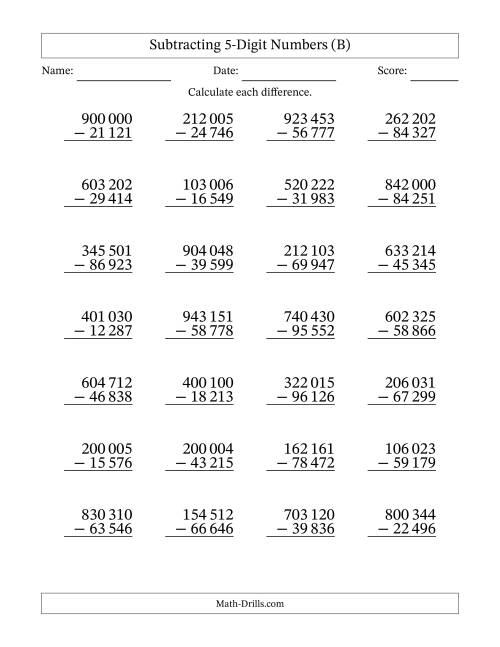 The Subtracting 5-Digit Numbers With All Regrouping (28 Questions) (Space Separated Thousands) (B) Math Worksheet